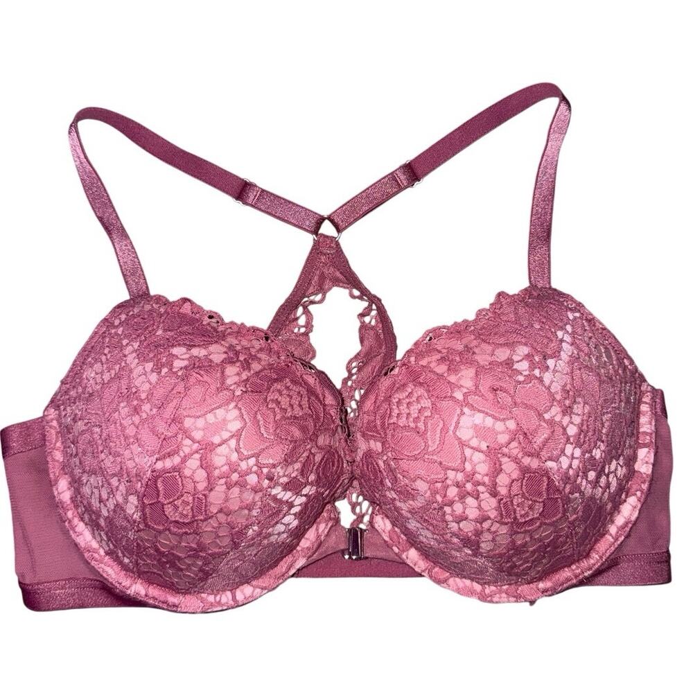 Victoria's Secret Very Sexy Push Up Front Close Racerback Bra Lace Pink 36C euc